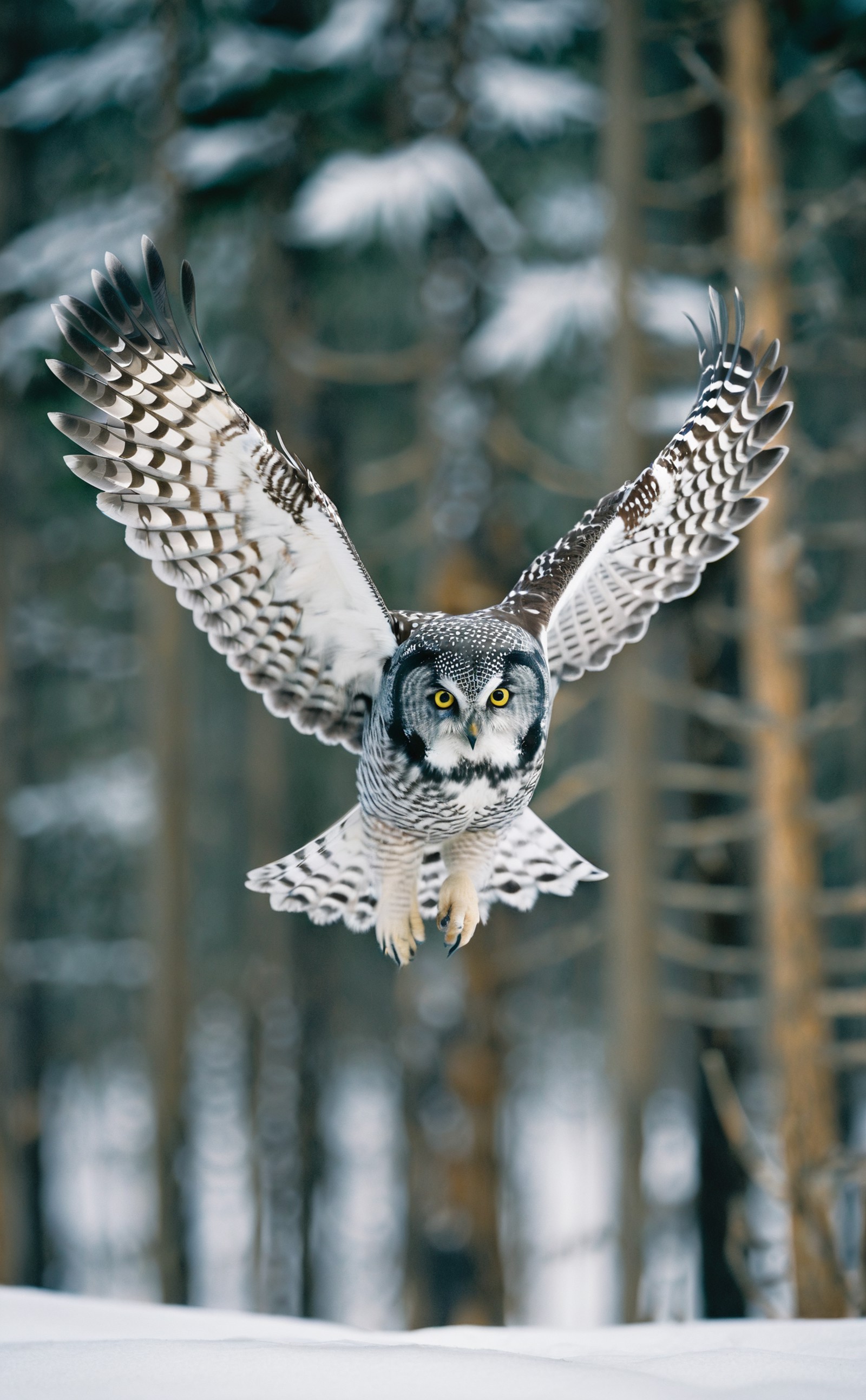 film photography aesthetic,Majestic Northern Hawk Owl in flight, wings fully extended, intricate feather patterns, sharp f...